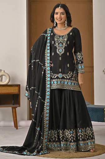 Black designer heavy nc vichitra silk sequins embroidered work readymade suit