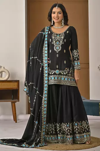 Black designer heavy nc vichitra silk sequins embroidered work readymade suit