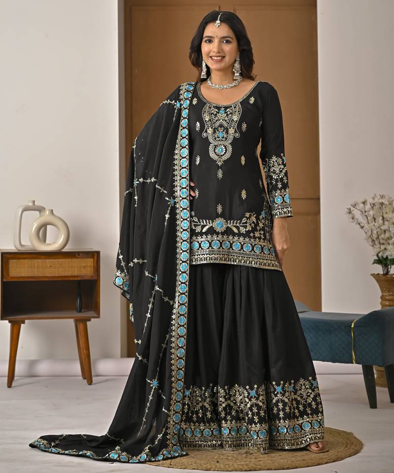 Black designer heavy nc vichitra silk sequins embroidered work readymade suit
