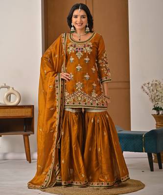 Mustard designer heavy fandy silk sequins embroidered work readymade suit 1