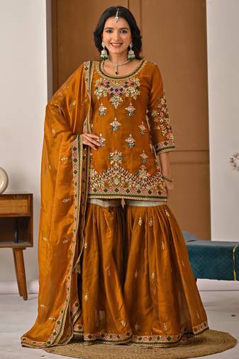 Mustard designer heavy fandy silk sequins embroidered work readymade suit