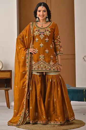 Mustard designer heavy fandy silk sequins embroidered work readymade suit