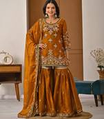 Mustard designer heavy fandy silk sequins embroidered work readymade suit