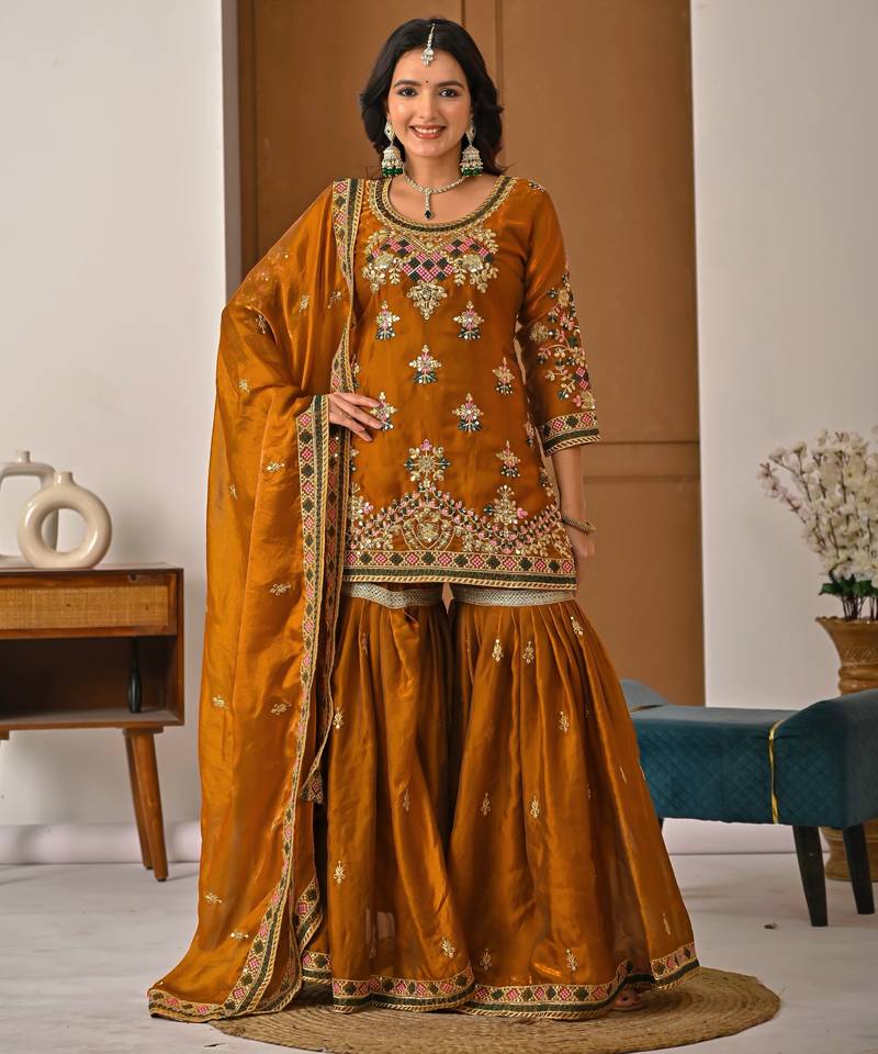 Mustard designer heavy fandy silk sequins embroidered work readymade suit
