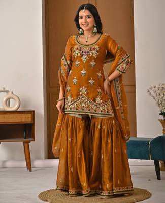 Mustard designer heavy fandy silk sequins embroidered work readymade suit 2