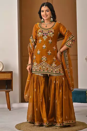 Mustard designer heavy fandy silk sequins embroidered work readymade suit