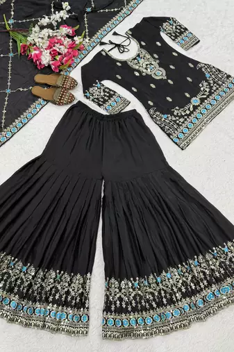 Black designer heavy nc vichitra silk sequins embroidered work readymade suit
