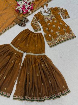 Mustard designer heavy fandy silk sequins embroidered work readymade suit 4