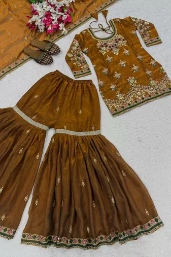 Mustard designer heavy fandy silk sequins embroidered work readymade suit