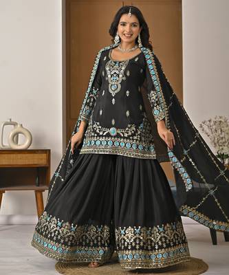Black designer heavy nc vichitra silk sequins embroidered work readymade suit 3