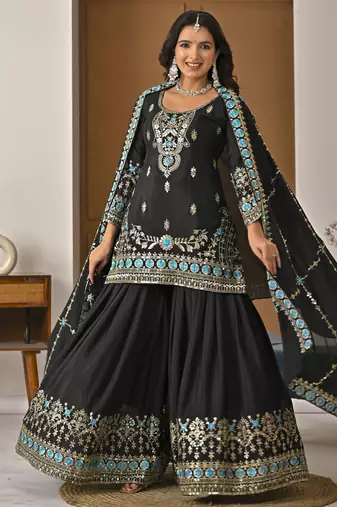 Black designer heavy nc vichitra silk sequins embroidered work readymade suit