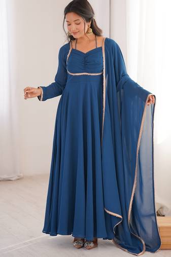 Blue designer heavy pure fox blooming georgette fancy lace work work readymade suit