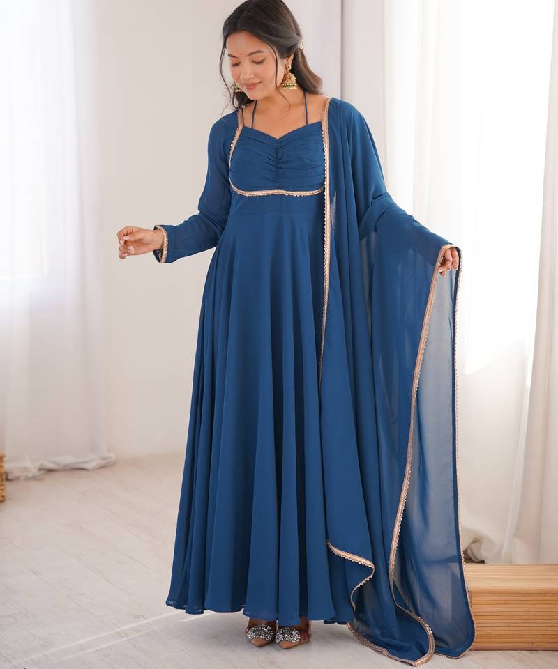 Blue designer heavy pure fox blooming georgette fancy lace work work readymade suit