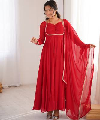 Red designer heavy pure fox blooming georgette fancy lace work work readymade suit 1