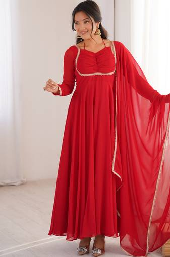 Red designer heavy pure fox blooming georgette fancy lace work work readymade suit