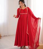 Red designer heavy pure fox blooming georgette fancy lace work work readymade suit