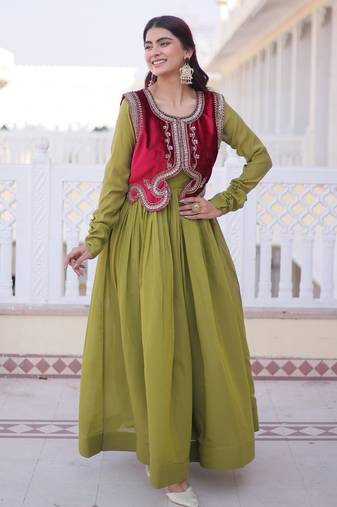 Parrot green designer mal chanderi silk sequins embroidered work readymade suit