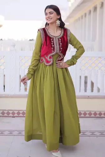 Parrot green designer mal chanderi silk sequins embroidered work readymade suit