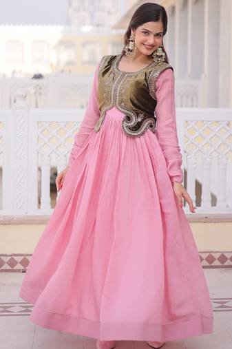 Pink designer mal chanderi silk sequins embroidered work readymade suit