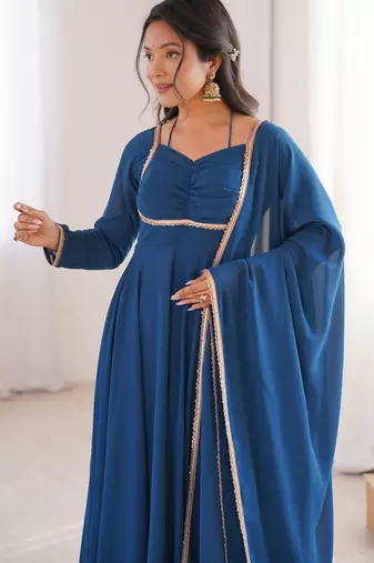 Blue designer heavy pure fox blooming georgette fancy lace work work readymade suit