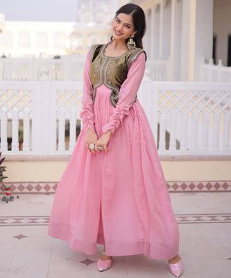 Pink designer mal chanderi silk sequins embroidered work readymade suit 2