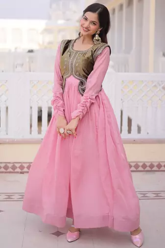 Pink designer mal chanderi silk sequins embroidered work readymade suit