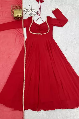 Red designer heavy pure fox blooming georgette fancy lace work work readymade suit