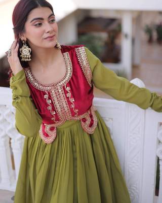 Parrot green designer mal chanderi silk sequins embroidered work readymade suit 2