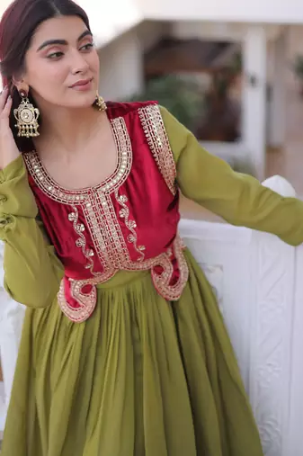 Parrot green designer mal chanderi silk sequins embroidered work readymade suit