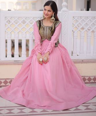 Pink designer mal chanderi silk sequins embroidered work readymade suit 3