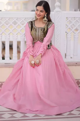 Pink designer mal chanderi silk sequins embroidered work readymade suit