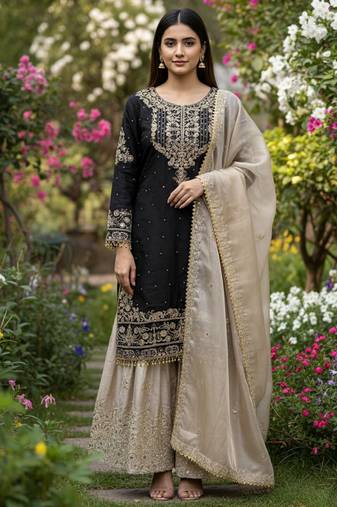 Black designer heavy gmy silk sequins embroidered work readymade suit