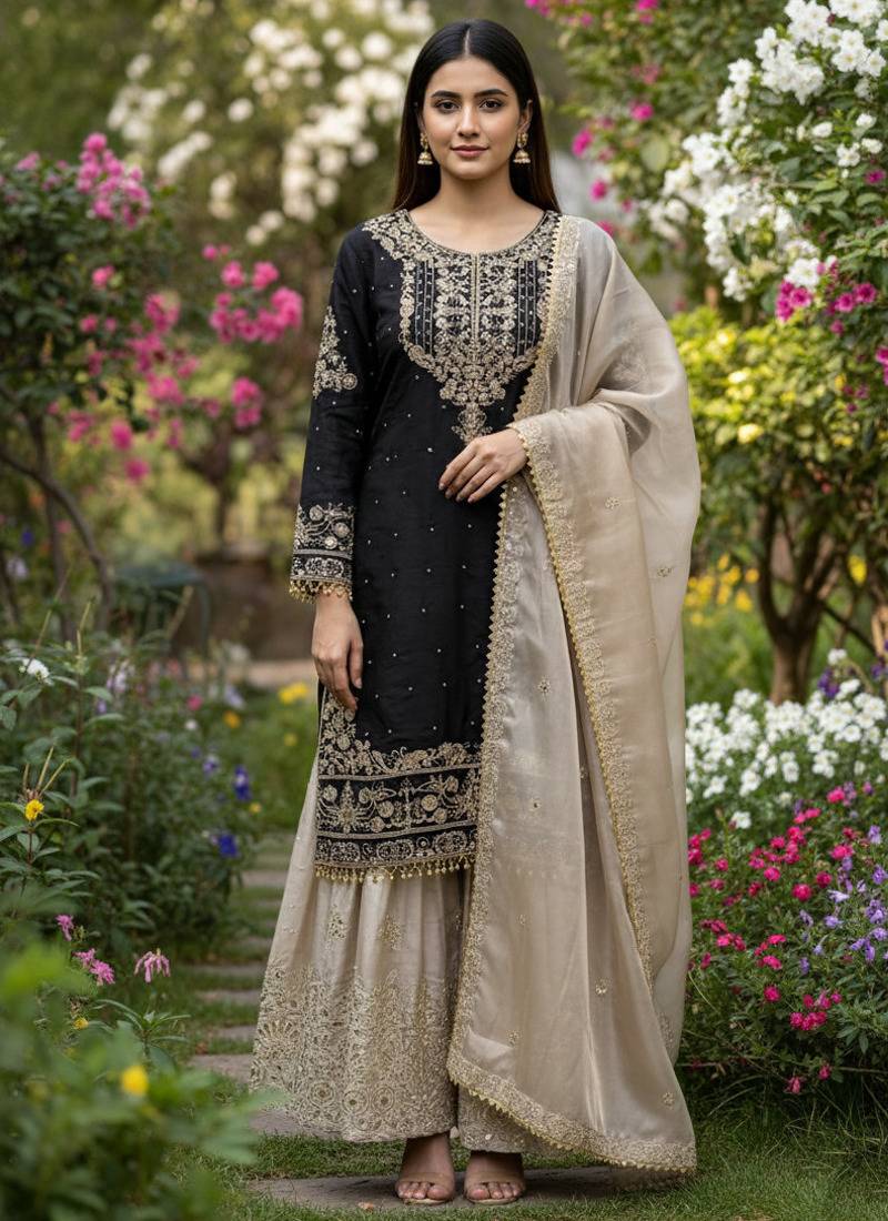 Black designer heavy gmy silk sequins embroidered work readymade suit