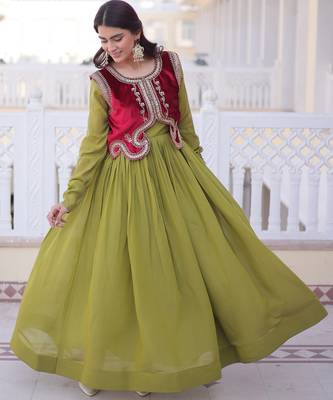 Parrot green designer mal chanderi silk sequins embroidered work readymade suit 3