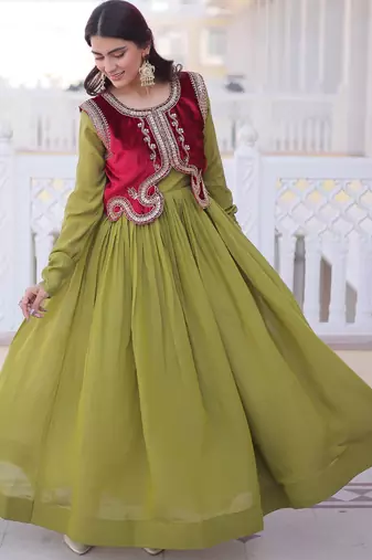 Parrot green designer mal chanderi silk sequins embroidered work readymade suit