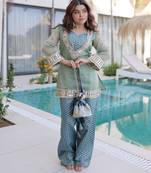 Sky blue designer salasa silk mirror & lace work work readymade suit