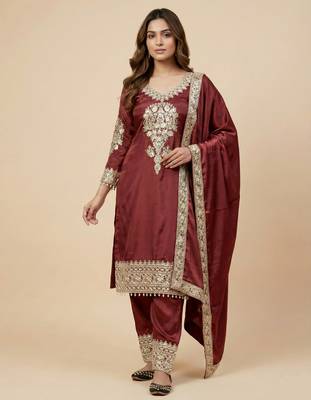 Maroon designer pure heavy chinon silk sequins embroidered work readymade suit 1