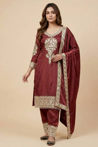 Maroon designer pure heavy chinon silk sequins embroidered work readymade suit
