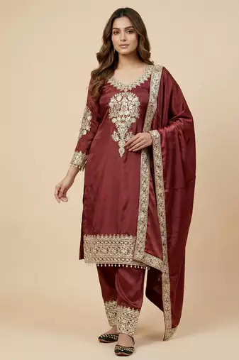 Maroon designer pure heavy chinon silk sequins embroidered work readymade suit