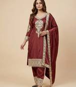 Maroon designer pure heavy chinon silk sequins embroidered work readymade suit