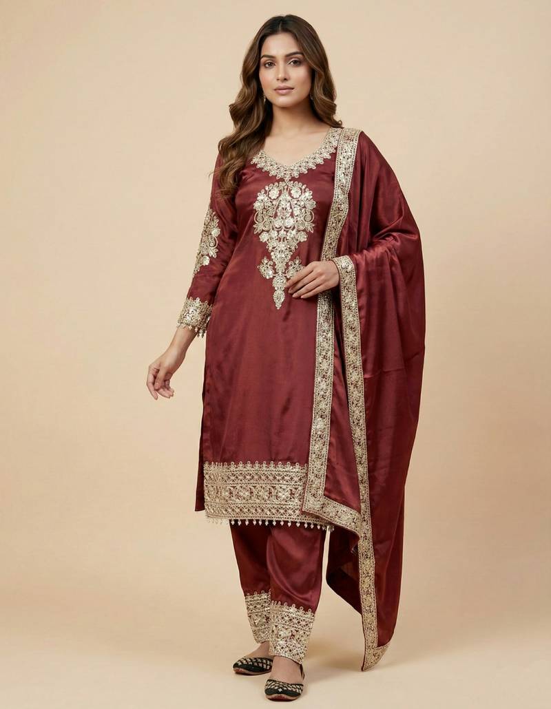 Maroon designer pure heavy chinon silk sequins embroidered work readymade suit