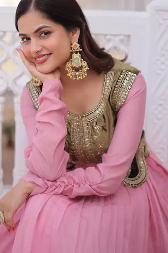 Pink designer mal chanderi silk sequins embroidered work readymade suit