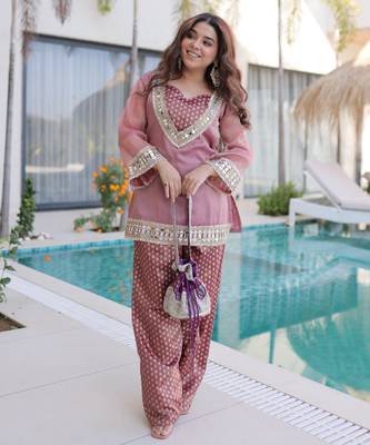 Peach pink designer salasa silk mirror & lace work work readymade suit 1