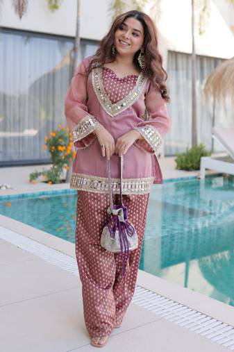 Peach pink designer salasa silk mirror & lace work work readymade suit