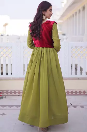 Parrot green designer mal chanderi silk sequins embroidered work readymade suit