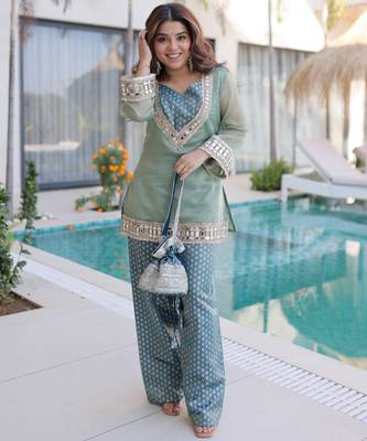 Sky blue designer salasa silk mirror & lace work work readymade suit 2