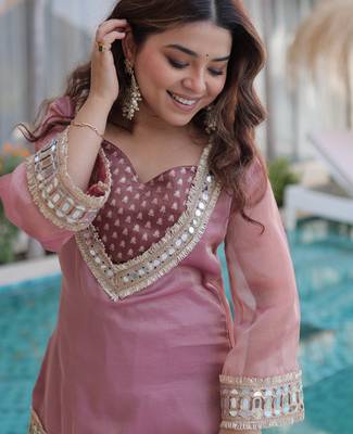 Peach pink designer salasa silk mirror & lace work work readymade suit 2