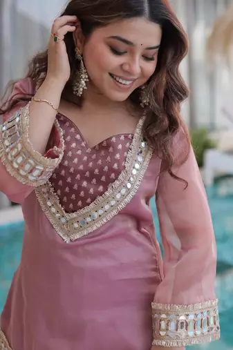 Peach pink designer salasa silk mirror & lace work work readymade suit