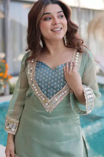 Sky blue designer salasa silk mirror & lace work work readymade suit
