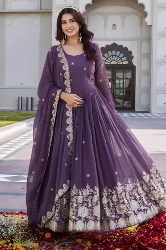 Purple designer fox georgette sequins embroidered work readymade suit